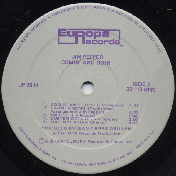 Jim Pepper - Comin' And Goin' (LP, Album) (Very Good Plus (VG+)) - Image 4