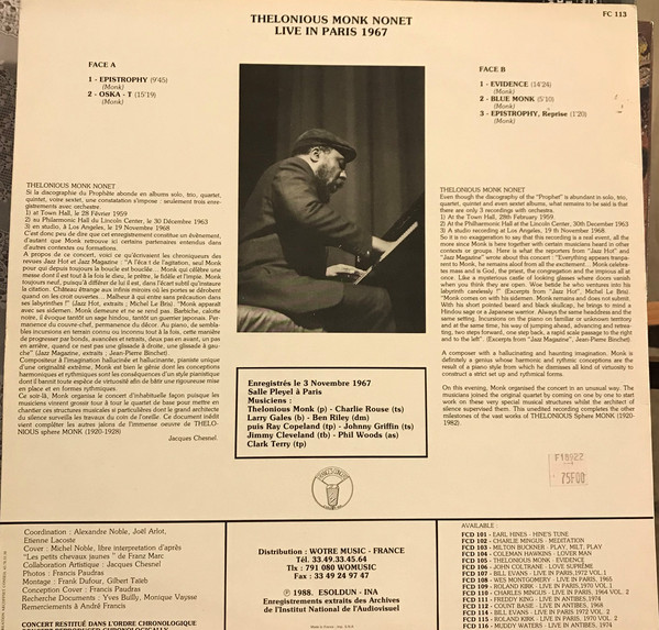Thelonious Monk - Nonet, Live In Paris, 1967 (LP, Album) (Near Mint (NM or M-)) - Image 2