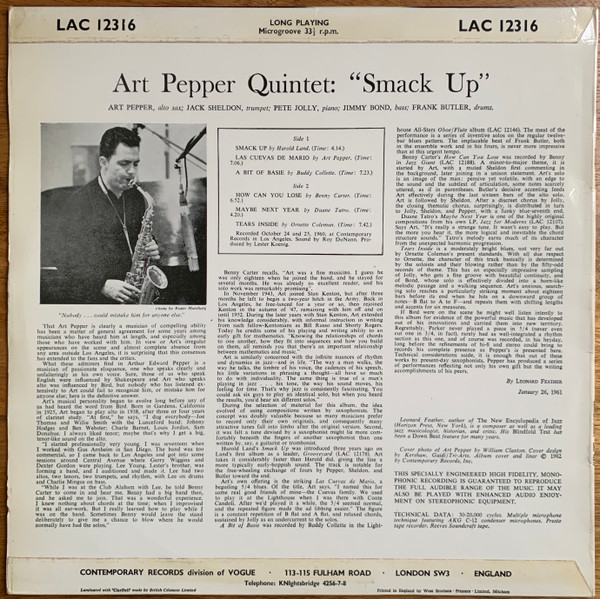 Art Pepper Quintet - Smack Up (LP, Album, Mono) (Very Good Plus (VG+)) - Image 2