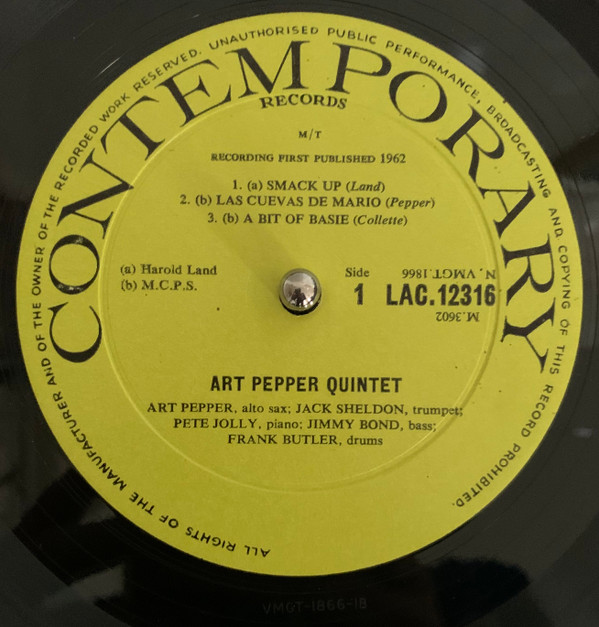 Art Pepper Quintet - Smack Up (LP, Album, Mono) (Very Good Plus (VG+)) - Image 3