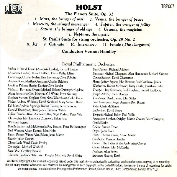 Gustav Holst - Royal Philharmonic Orchestra Conducted By Vernon Handley, The Ambrosian Opera Chorus , Chorus Master: John McCarthy - The Planets Suite / St. Paul's Suite (CD) (Near Mint (NM or M-)) - Image 5