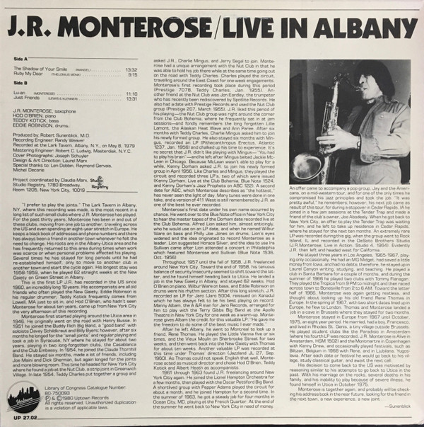 J.R. Monterose - Live In Albany (LP, Album) (Near Mint (NM or M-)) - Image 2