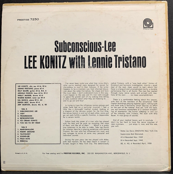 Lee Konitz With Lennie Tristano - Subconscious-Lee (LP, Comp, Mono, RE) (Very Good Plus (VG+)) - Image 2