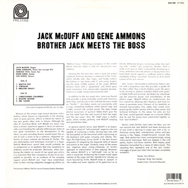 Brother Jack McDuff And Gene Ammons - Brother Jack Meets The Boss (LP, Album, RE, RM) (Very Good Plus (VG+)) - Image 2