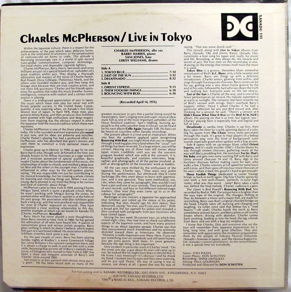 Charles McPherson - Live In Tokyo (LP, Album) (Very Good Plus (VG+)) - Image 2