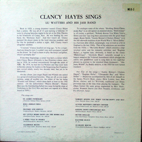 Clancy Hayes, Lu Watters And The Yerba Buena Jazz Band - Clancy Hayes Sings (LP, Album) (Very Good (VG)) - Image 2