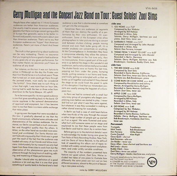 Gerry Mulligan And The Concert Jazz Band* Guest Soloist: Zoot Sims - Gerry Mulligan And The Concert Jazz Band On Tour (LP, Album, Mono) (Very Good Plus (VG+)) - Image 2