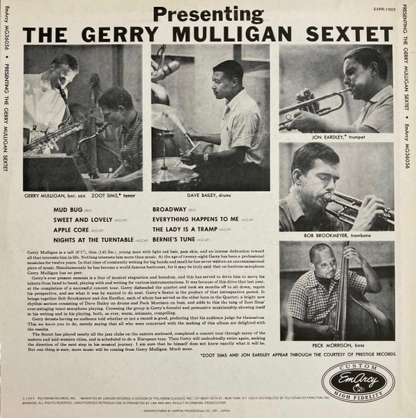 The Gerry Mulligan Sextet* - Presenting The Gerry Mulligan Sextet (LP, Album, Mono, RE) (Near Mint (NM or M-)) - Image 2