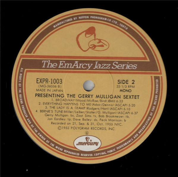 The Gerry Mulligan Sextet* - Presenting The Gerry Mulligan Sextet (LP, Album, Mono, RE) (Near Mint (NM or M-)) - Image 4