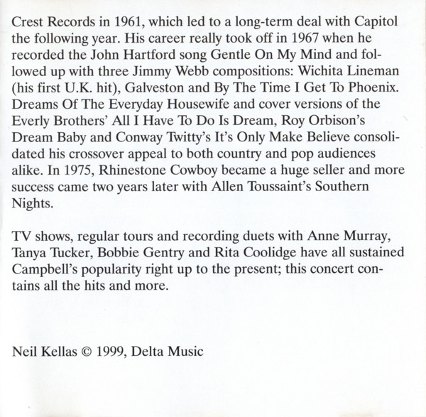 Glen Campbell - Rhinestone Cowboy - Live In Concert (CD, Comp) (Near Mint (NM or M-)) - Image 4