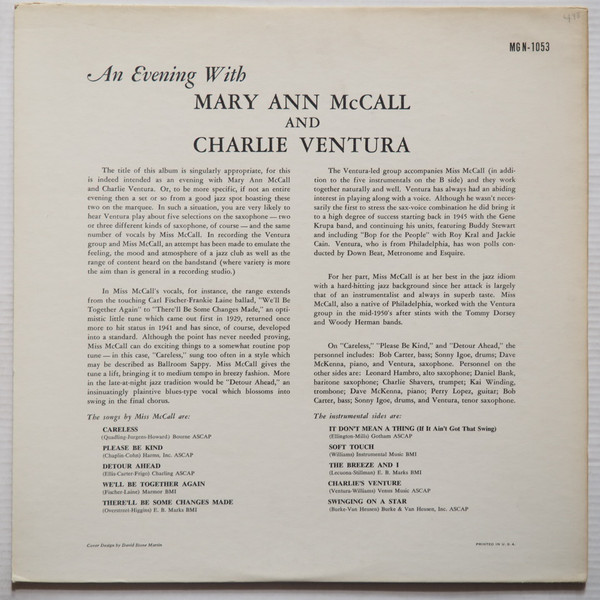 Charlie Ventura And Mary Ann McCall - An Evening With Mary Ann McCall And Charlie Ventura (LP, Mono) (Very Good Plus (VG+)) - Image 2
