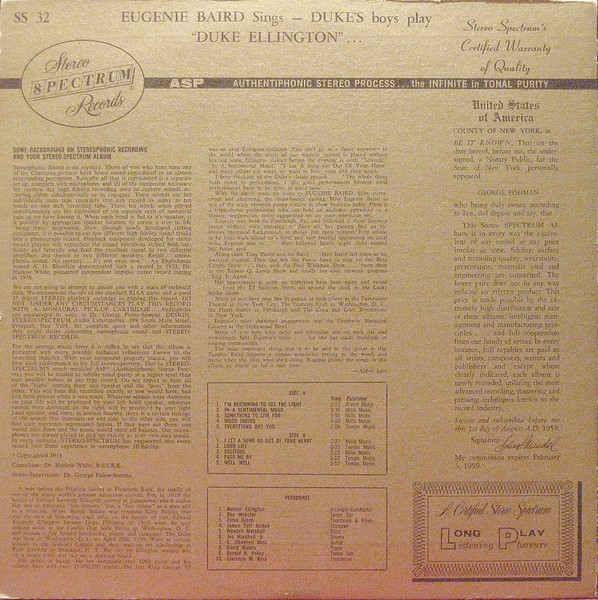 Eugenie Baird - Eugenie Baird Sings, Duke's Boys Play Ellington (LP, Album) (Very Good (VG)) - Image 2