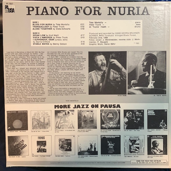Tete Montoliu - Piano For Nuria (LP, Album, RE) (Very Good Plus (VG+)) - Image 2