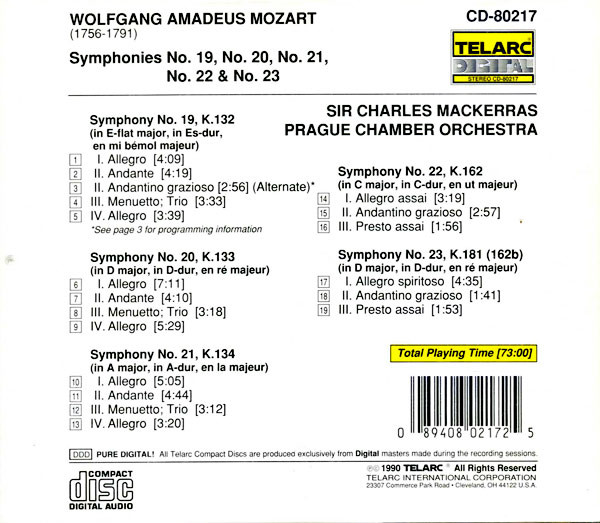 Mozart*, Sir Charles Mackerras, Prague Chamber Orchestra - Symphony No. 19, No. 20, No. 21, No. 22, No. 23 (CD, Album) (Near Mint (NM or M-)) - Image 2
