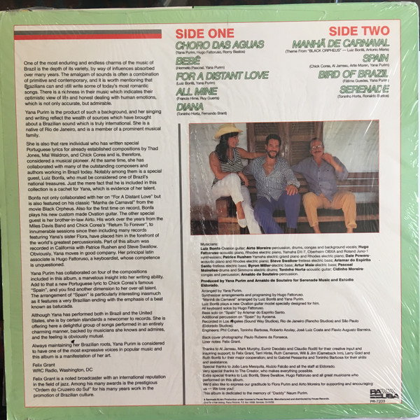 Yana Purim, Luiz Bonfá, Airto Moreira - For A Distant Love (LP, Album) (Near Mint (NM or M-)) - Image 2