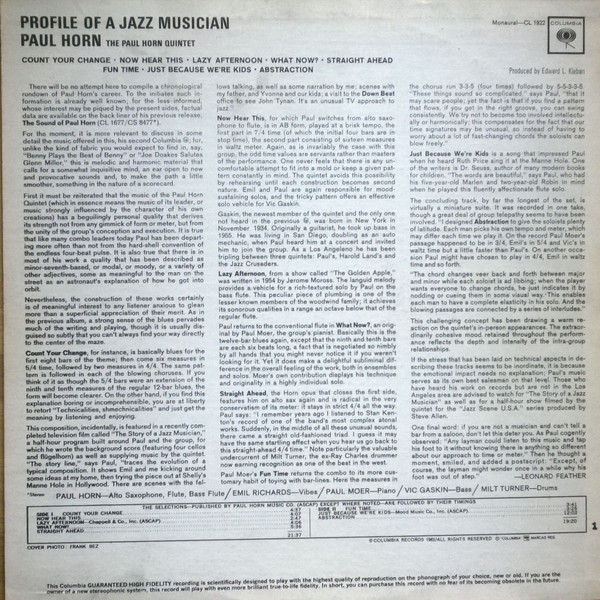 The Paul Horn Quintet - Profile Of A Jazz Musician (LP, Album, Mono) (Very Good Plus (VG+)) - Image 2