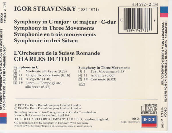 Igor Stravinsky, L'Orchestre De La Suisse Romande, Charles Dutoit - Symphony In C / Symphony In Three Movements (CD, Album) (Near Mint (NM or M-)) - Image 2