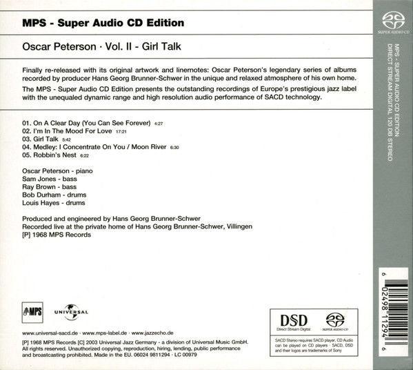 Oscar Peterson - Girl Talk (SACD, Hybrid, Album, RE, RM) (Near Mint (NM or M-)) - Image 2