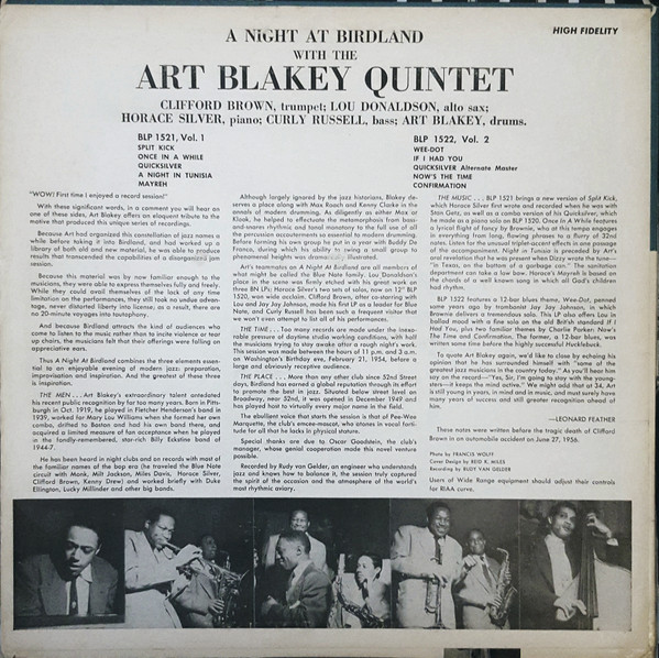 Art Blakey Quintet - A Night At Birdland, Volume 1 (LP, Comp, Mono, RE, RP) (Very Good (VG)) - Image 2