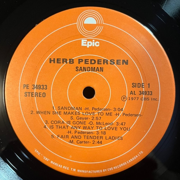 Herb Pedersen - Sandman (LP, Album) (Very Good Plus (VG+)) - Image 3