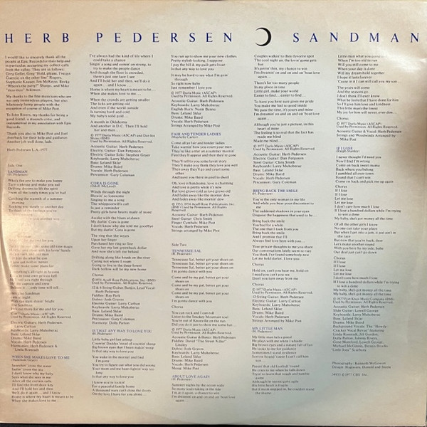 Herb Pedersen - Sandman (LP, Album) (Very Good Plus (VG+)) - Image 5