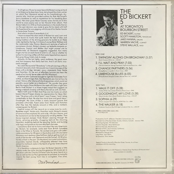 Ed Bickert 5 - At Toronto's Bourbon Street (LP, Album) (Very Good Plus (VG+)) - Image 2