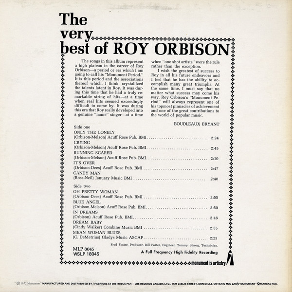 Roy Orbison - The Very Best Of Roy Orbison (LP, Comp, RE) (Mint (M)) - Image 2