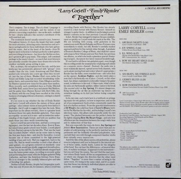 Larry Coryell & Emily Remler - Together (LP, Album) (Near Mint (NM or M-)) - Image 2