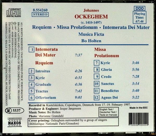 Ockeghem* - Musica Ficta, Bo Holten - Requiem / Missa Prolationum / Intemerata Dei Mater (CD) (Near Mint (NM or M-)) - Image 2