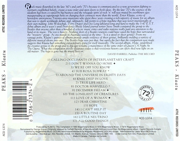 Klaatu - Peaks (CD, Comp, RM) (Near Mint (NM or M-)) - Image 4