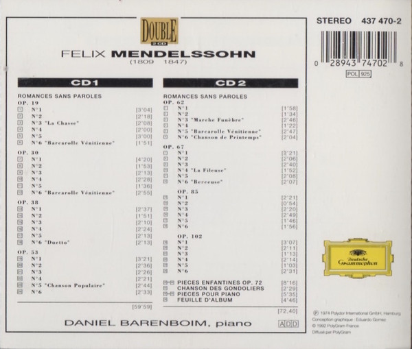 Felix Mendelssohn-Bartholdy - Daniel Barenboim - Romances Sans Paroles (2xCD, Album) (Near Mint (NM or M-)) - Image 2