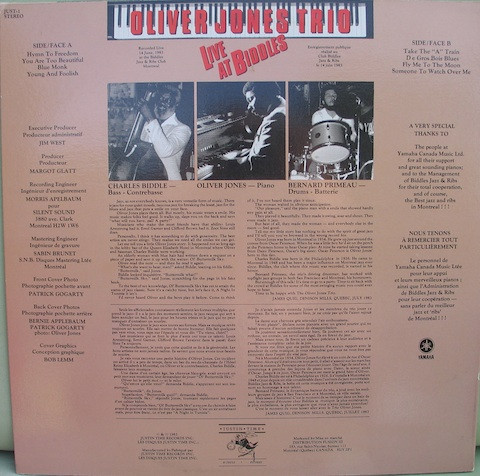 Oliver Jones Trio - Live At Biddles (LP, Album) (Very Good Plus (VG+)) - Image 2