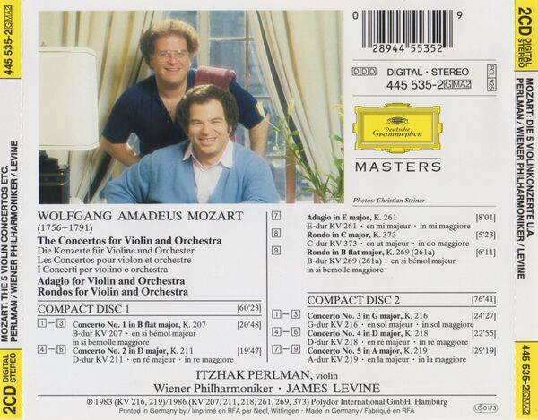 Wolfgang Amadeus Mozart, Itzhak Perlman, James Levine (2), Wiener Philharmoniker - The 5 Violin Concertos (2xCD, Comp, RE) (Near Mint (NM or M-)) - Image 2
