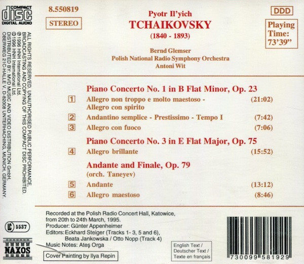 Pyotr Ilyich Tchaikovsky, Bernd Glemser, Wielka Orkiestra Symfoniczna Polskiego Radia W Katowicach, Antoni Wit - Piano Concertos Nos. 1 And 3 / Andante And Finale, Op. 79 (CD, Album) (Near Mint (NM or M-)) - Image 2