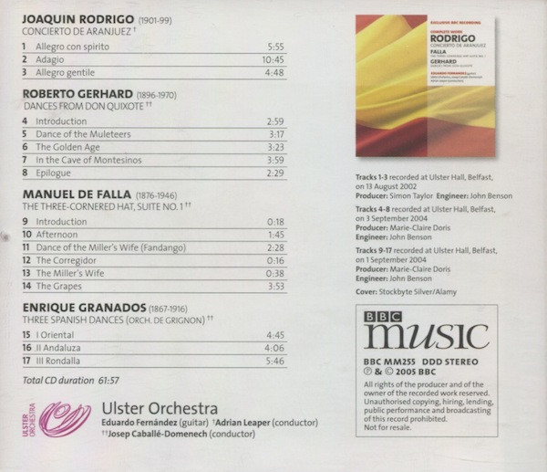 Rodrigo* / Falla* / Gerhard* - Eduardo Fernandez*, Ulster Orchestra, Josep Caballé-Domenech, Adrian Leaper - Concierto De Aranjuez / The Three-Cornered Hat Suite No. 1 / Dances From Don Quixote (CD, Album) (Near Mint (NM or M-)) - Image 2
