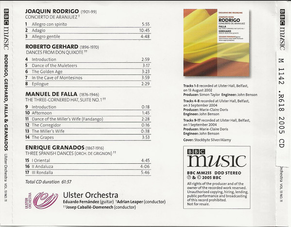 Rodrigo* / Falla* / Gerhard* - Eduardo Fernandez*, Ulster Orchestra, Josep Caballé-Domenech, Adrian Leaper - Concierto De Aranjuez / The Three-Cornered Hat Suite No. 1 / Dances From Don Quixote (CD, Album) (Near Mint (NM or M-)) - Image 3