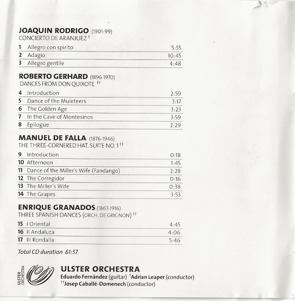 Rodrigo* / Falla* / Gerhard* - Eduardo Fernandez*, Ulster Orchestra, Josep Caballé-Domenech, Adrian Leaper - Concierto De Aranjuez / The Three-Cornered Hat Suite No. 1 / Dances From Don Quixote (CD, Album) (Near Mint (NM or M-)) - Image 5