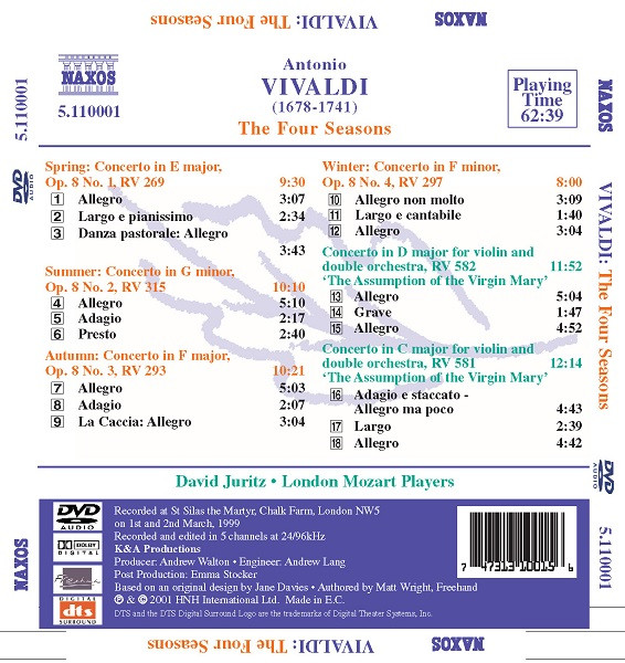 Antonio Vivaldi, David Juritz, London Mozart Players - The Four Seasons (DVD-A, Multichannel, 5.1) (Near Mint (NM or M-)) - Image 2