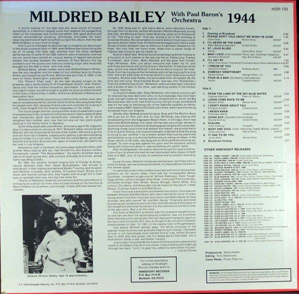 Mildred Bailey With Paul Baron's Orchestra* Featuring Teddy Wilson, Roy Eldridge, Red Norvo - The Uncollected Mildred Bailey 1944 (The CBS Radio Shows) (LP, Mono) (Very Good (VG)) - Image 2