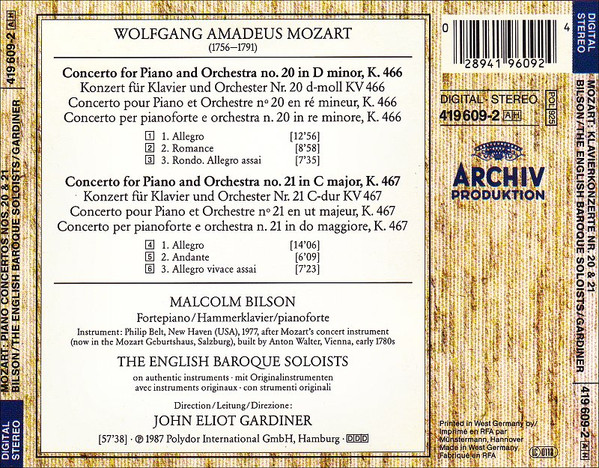 Wolfgang Amadeus Mozart - Malcolm Bilson • The English Baroque Soloists • John Eliot Gardiner - Piano Concertos Nos. 20 & 21 (CD) (Near Mint (NM or M-)) - Image 2