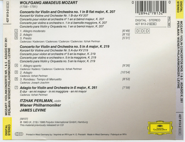 Wolfgang Amadeus Mozart - Itzhak Perlman, Wiener Philharmoniker, James Levine (2) - Violinkonzerte = Violin Concertos Nos. 1 & 5 / Adagio Für Violine Und Orchester KV261 (CD, Comp) (Near Mint (NM or M-)) - Image 2