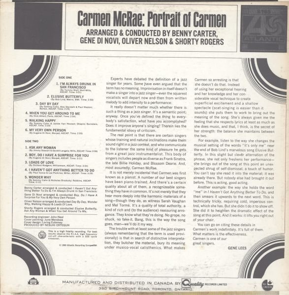 Carmen McRae - Portrait Of Carmen (LP, Album) (Very Good Plus (VG+)) - Image 2