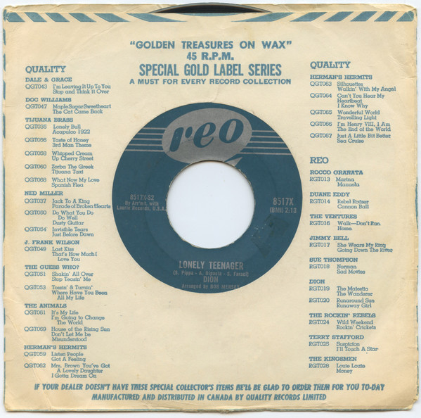 Dion (3) - Lonely Teenager / Little Miss Blue (7", Single) (Near Mint (NM or M-)) - Image 4
