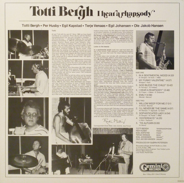 Totti Bergh - I Hear A Rhapsody (LP, Album) (Mint (M)) - Image 2