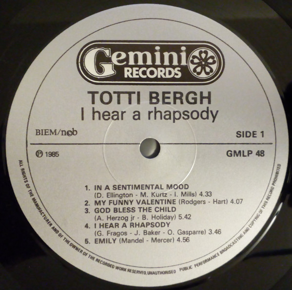 Totti Bergh - I Hear A Rhapsody (LP, Album) (Mint (M)) - Image 3