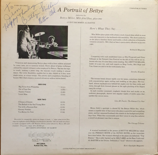 The Bettye Miller - Milt Abel Duo, Plus One* - A Portrait Of Bettye (LP, Album) (Very Good Plus (VG+)) - Image 2