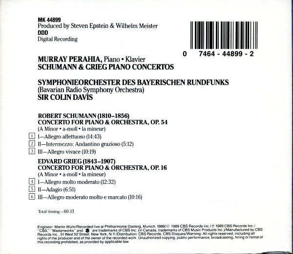 Schumann* / Grieg* - Murray Perahia, Symphonieorchester Des Bayerischen Rundfunks*, Sir Colin Davis - Piano Concertos (CD) (Near Mint (NM or M-)) - Image 2