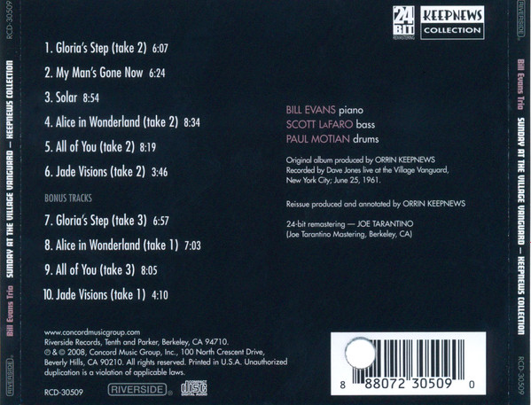 The Bill Evans Trio Featuring Scott LaFaro - Sunday At The Village Vanguard (CD, Album, RE, RM) (Near Mint (NM or M-)) - Image 2