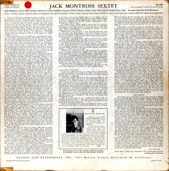 Jack Montrose Sextet - Jack Montrose Sextet (LP, Album, Mono, Red) (Very Good Plus (VG+)) - Image 2