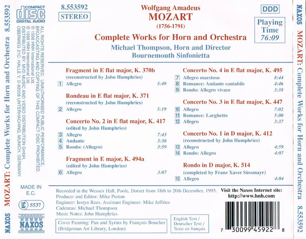 Mozart* - Michael Thompson (2), Bournemouth Sinfonietta - Complete Works For Horn And Orchestra (CD, Album) (Near Mint (NM or M-)) - Image 2